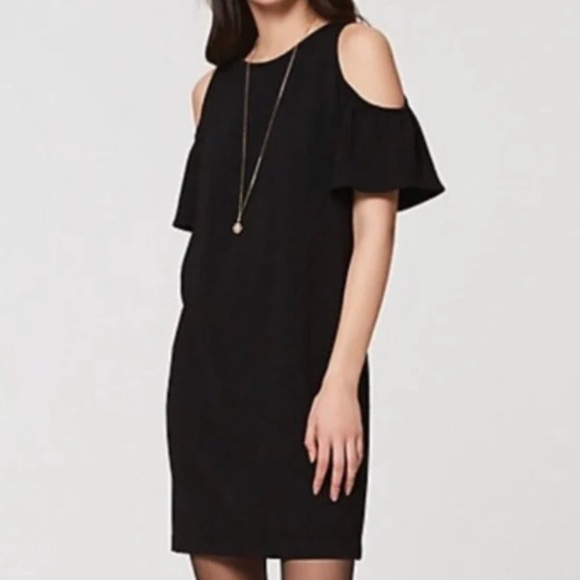 EUC Ann Taylor Black Cold Shoulder Ruffle Sleeve Dress with optional Sash - Picture 1 of 7